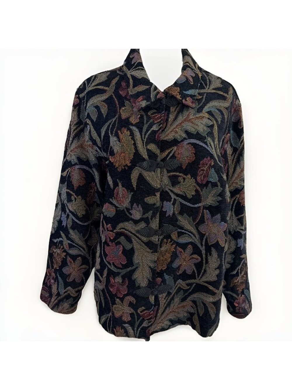 VTG Boho Tapestry Jacket Women's XL Floral Frog Closure Grannycore 90s Artsy